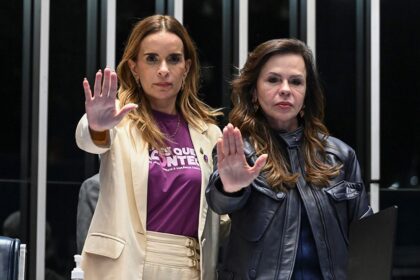 Senadora Daniella Ribeiro durante atividade legislativa relacionada à defesa dos direitos das mulheres no Congresso Nacional.