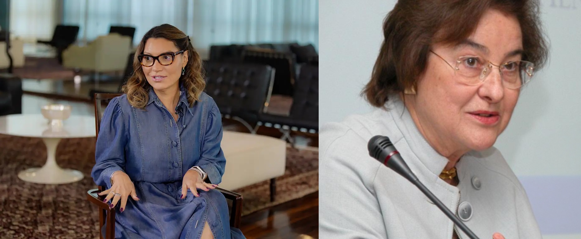 Janja Lula da Silva durante agenda oficial e Ruth Cardoso em evento institucional durante o governo Fernando Henrique Cardoso.