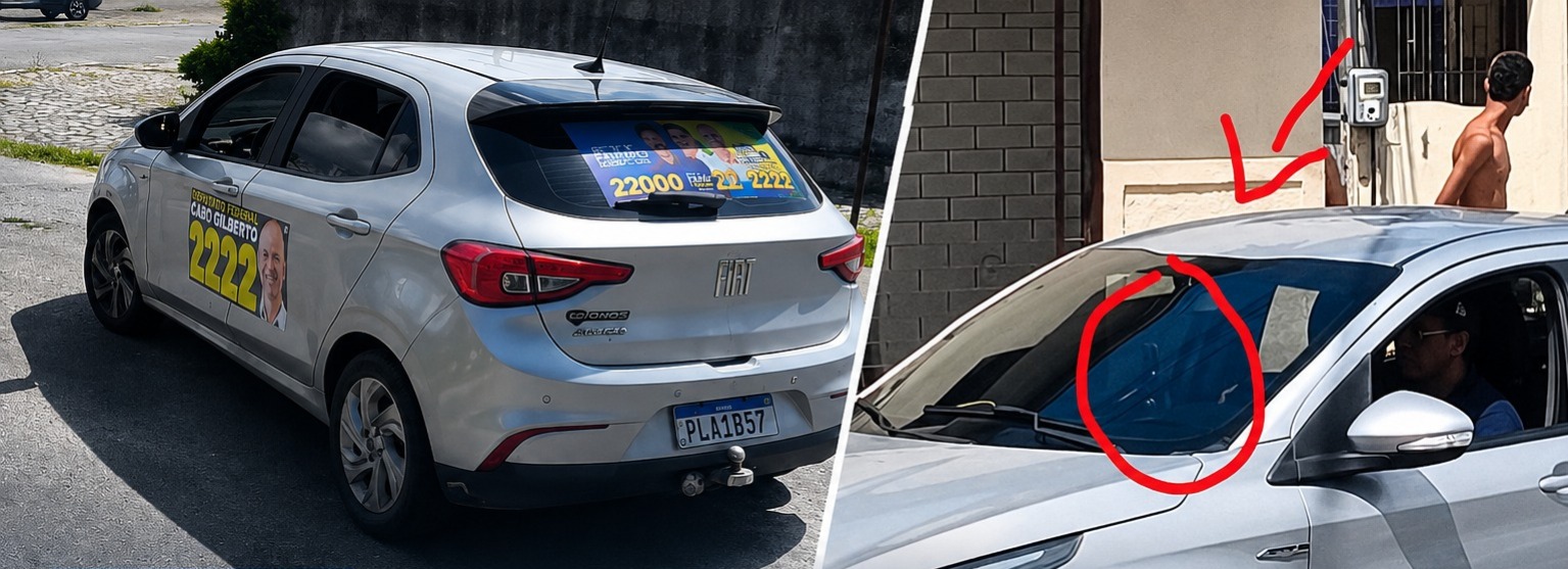 Veículo fotografado em João Pessoa com adesivos dos candidatos Efraim Filho, Cabo Gilberto Silva e Fábio Lopes.