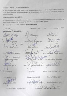 Documento reúne assinaturas de 20 vereadores em apoio à candidatura de João Corujinha à presidência da Câmara de João Pessoa.